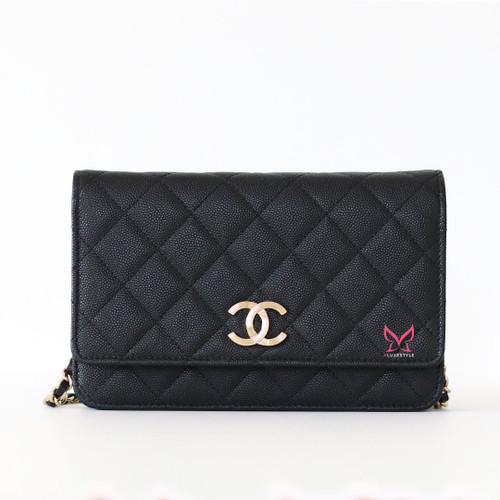CHANEL Classic Wallet on Chain 23C Black Quilted Caviar Large CC Light Gold 