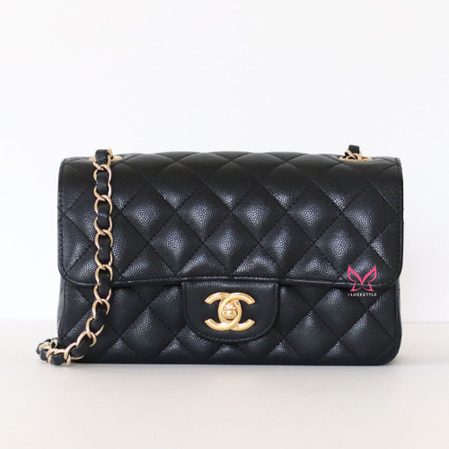 CHANEL Classic Mini Rectangular Flap 17C Black Quilted Caviar Light Gold Hardware 