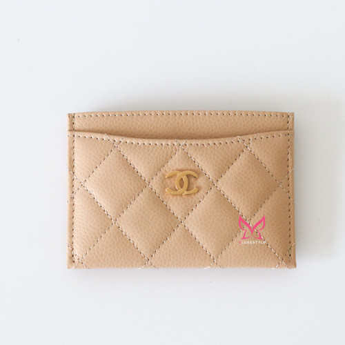 CHANEL Flat Card Holder Beige Quilted Caviar Gold Hardware 