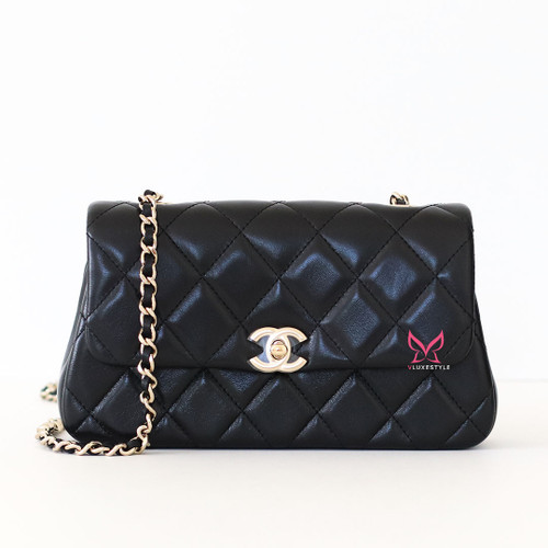 CHANEL Phone Holder with Chain 25S Black Quilted Lambskin Light Gold Hardware 