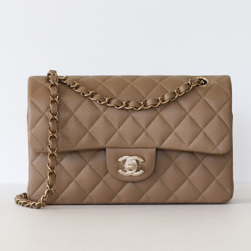 CHANEL Classic Small Flap 22A Dark Beige Quilted Caviar Light Gold Hardware 