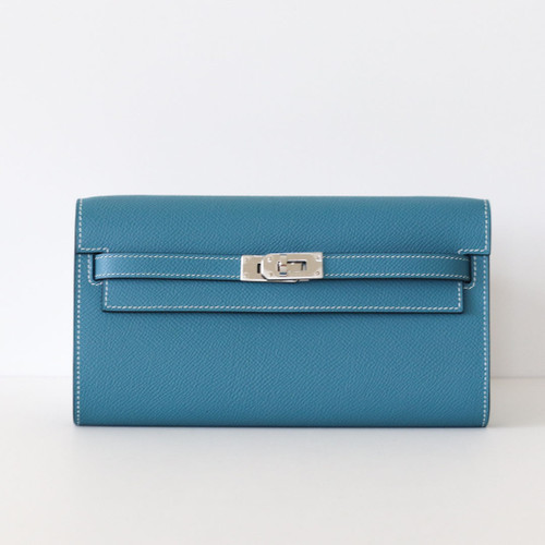 HERMES Kelly To Go Wallet Blue Jean Epsom Palladium Hardware 