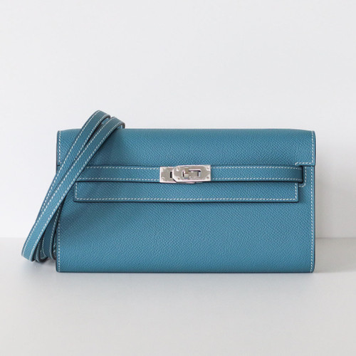 HERMES Kelly To Go Wallet Blue Jean Epsom Palladium Hardware 