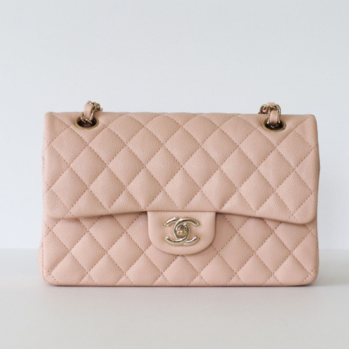 CHANEL Classic Small Flap 22C Beige Quilted Caviar Light Gold Hardware 
