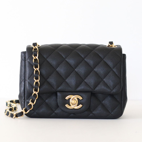 CHANEL Classic  Mini Square  Flap 18B Black Quilted Caviar Light Gold Hardware 