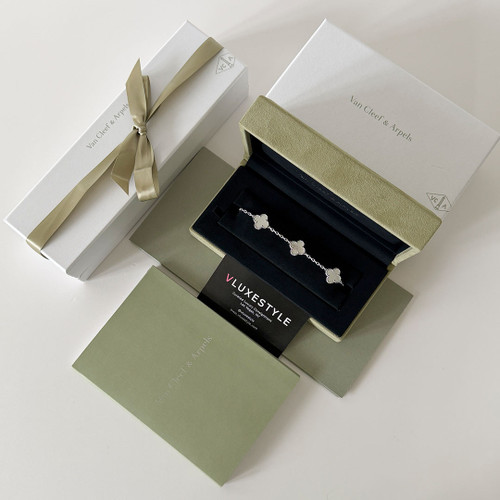 VAN CLEEF 
ARPELS Vintage Alhambra 18K White Gold 5 Motifs Mother of Pearl Bracelet 