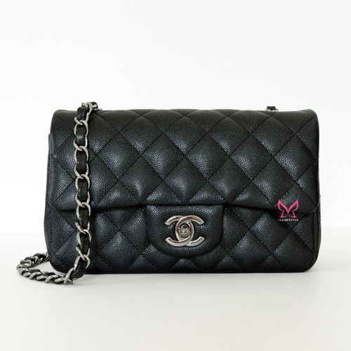 Classic Mini Rectangular Flap 18C Iridescent  Black Caviar Ruthenium Hardware