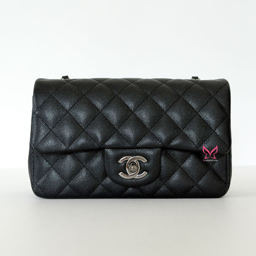 Classic Mini Rectangular Flap 18C Iridescent  Black Caviar Ruthenium Hardware