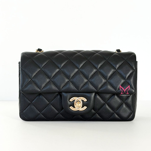 Classic Mini Rectangular Flap Black Quilted Lambskin Light Gold Hardware