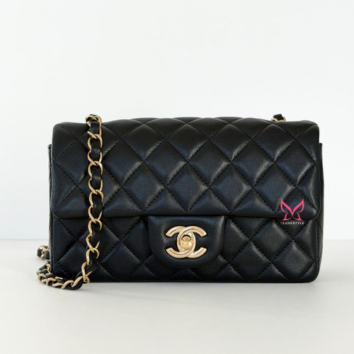 CHANEL Classic Mini Rectangular Flap Black Quilted Lambskin Light Gold Hardware 