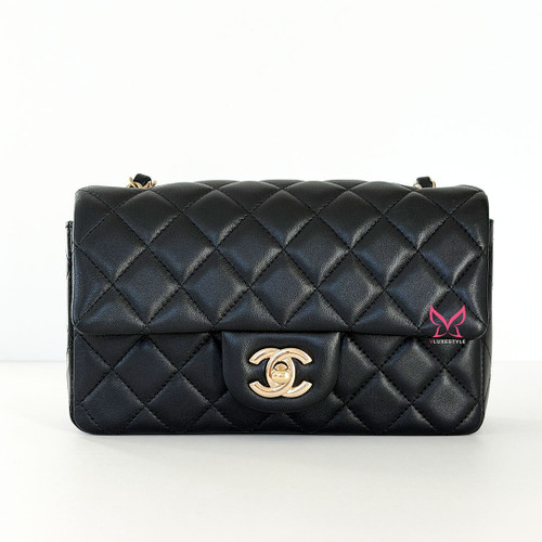 CHANEL Classic Mini Rectangular Flap Black Quilted Lambskin Light Gold Hardware 