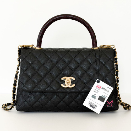 Coco Handle 19P Black Quilted Caviar Lizard Embossed Handle Brushed Gold Hardware