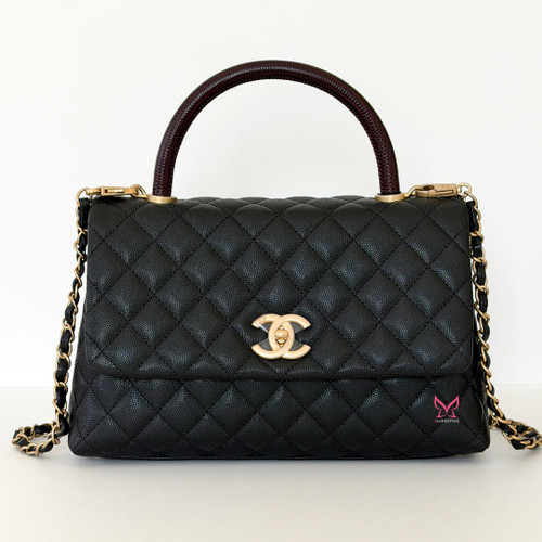 CHANEL Coco Handle 19P Black Quilted Caviar Lizard Embossed Handle Brushed Gold Hardware 