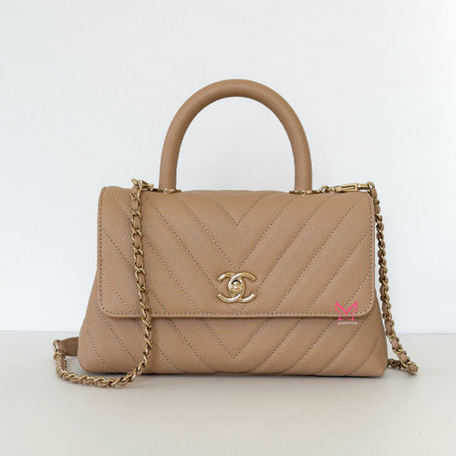 CHANEL Coco Handle 20P Dark Beige Chevron Caviar Light Gold Hardware