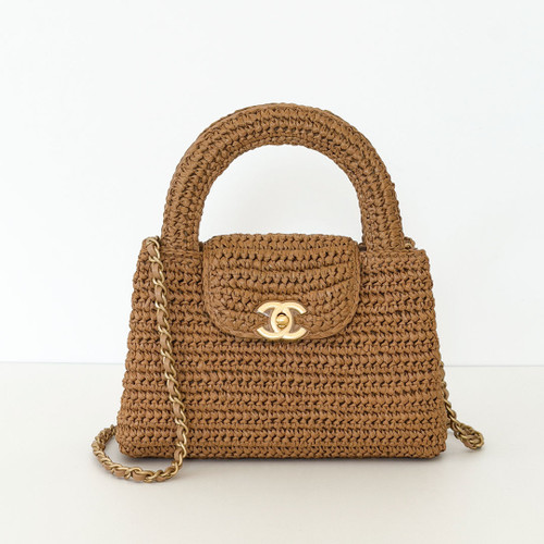 CHANEL Mini Kelly Bag 26C Braided Raffia Gold Hardware 
