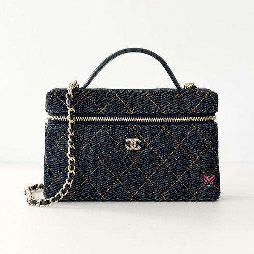 CHANEL Vanity Top Handle Bag with Chain 26C Denim Quilted Caviar Light Gold Hardware 