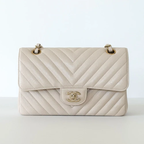 CHANEL Classic Small Flap 20B Ivory Chevron Caviar Light Gold Hardware 