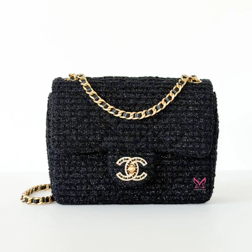 CHANEL 21K Black Symphony Tweed Mini Flap Brushed Gold Hardware 