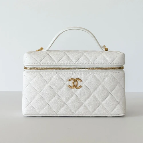 CHANEL Vanity with Chain 26P White Quilted Caviar Gold Hardware 