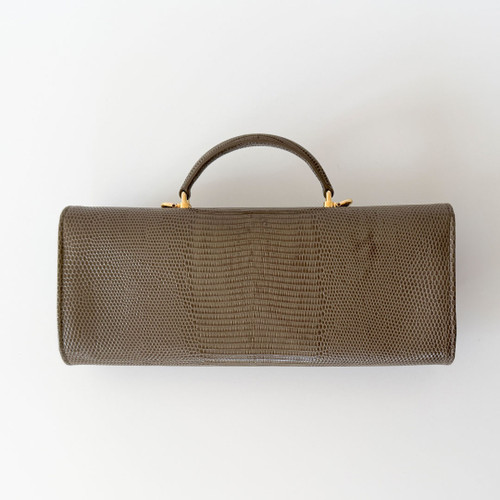 Clutch Top Handle with Chain Khaki Lizard Embossed Gold Hardware