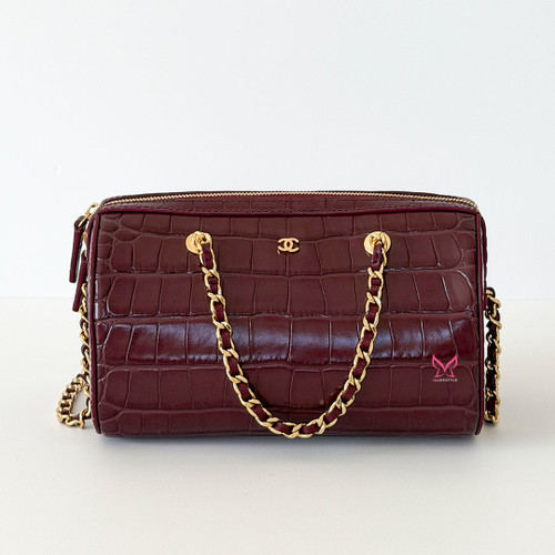 CHANEL Bowling Bag 26A Burgundy Crocodile Embossed Calfskin Gold Hardware 