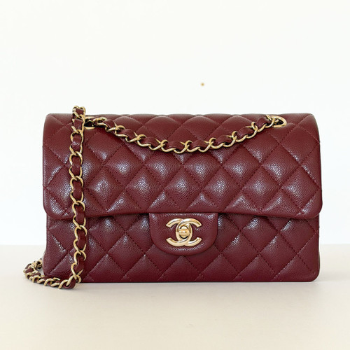 CHANEL Classic Small Flap 25B Burgundy Quilted Caviar Light Gold Hardware 