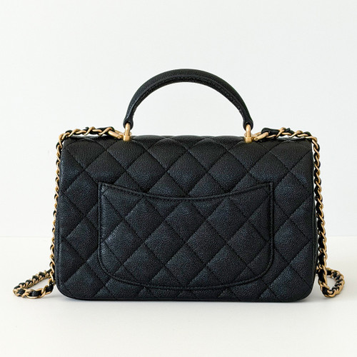 CHANEL Classic Mini Rectangular Top Handle 21S Black Quilted Caviar Brushed Gold Hardware 