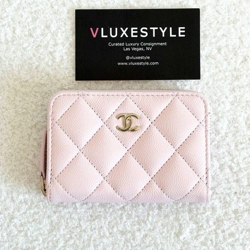 CHANEL Zip Cardholder 26C Light Pink Quilted Caviar Light Gold Hardware 