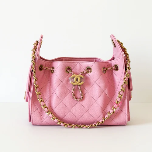 CHANEL Mini 25 Hobo Bag 26S Bubble Gum Pink Quilted Caviar Brushed Gold Hardware