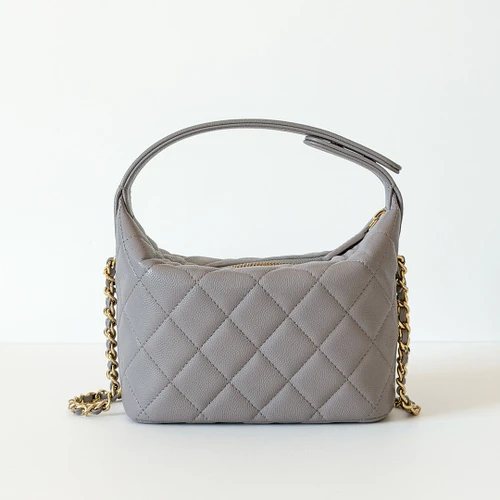 Hobo Clutch with Chain 26P Gray Quilted Caviar Gold Hardware