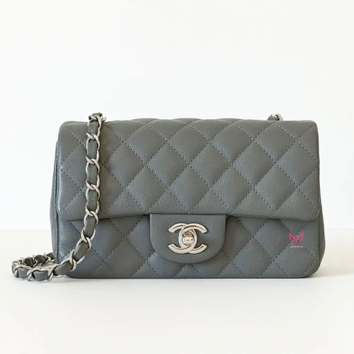 Classic Mini Rectangular Flap 17B Gray Quilted Caviar Silver Hardware