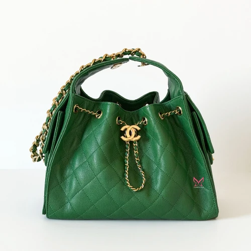 Small 25 Hobo Bag 26A Green Quilted Caviar Shiny Gold Hardware