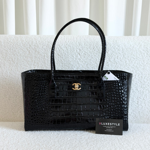 Small Cerf Shopping Bag 26K Black Croc Embossed Calfskin Gold Hardware