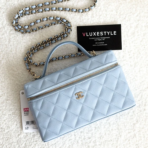 Slim Vanity Top Handle 26A Light Blue Quilted Caviar Light Gold Hardware