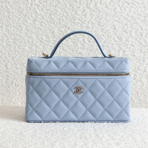 CHANEL Slim Vanity Top Handle 26A Periwinkle Light Blue Quilted Caviar Light Gold Hardware 