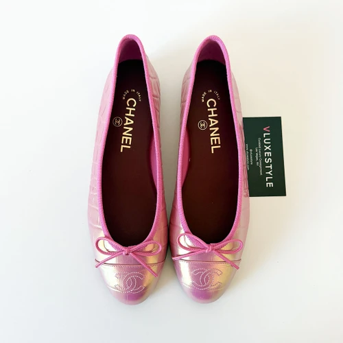 Ballerina Flats 26K Iridescent Pink Croc Embossed Calfskin 38