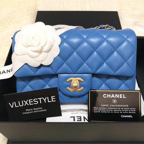 VAN CLEEF 
ARPELS Chanel 19S Classic Blue Mini Rectangular Lambskin with brushed gold hardware 