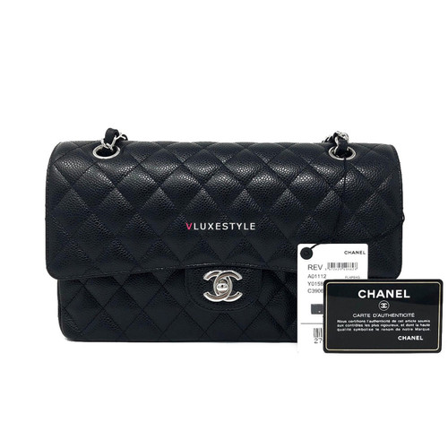 VAN CLEEF & ARPELS RESERVED: Chanel Classic Medium Double Flap Black Quilted Caviar with silver hardware 