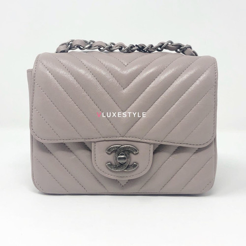 VAN CLEEF 
ARPELS Chanel 18B Mini Square Taupe Glazed Calfskin with ruthenium hardware 