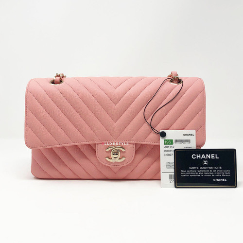 Chanel 19S Classic Medium Matte Pink Chevron Caviar with light gold hardware Chanel 19S Classic Medium Matte Pink Chevron Caviar with light gold hardware