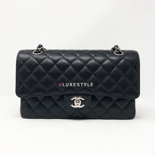 VAN CLEEF & ARPELS Chanel Classic Medium Double Flap Black Quilted Caviar with silver hardware 