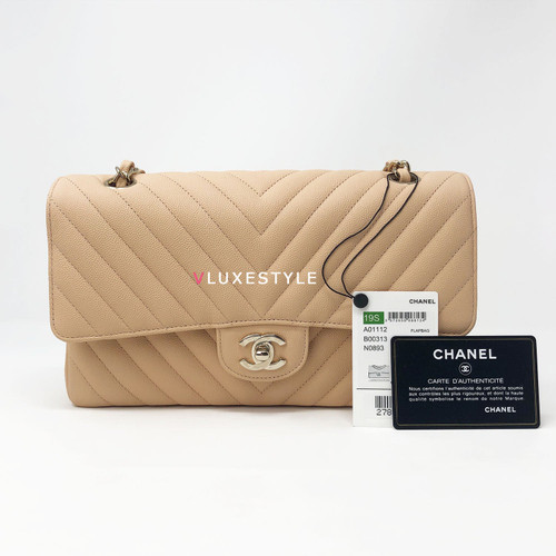 Chanel 19S Medium Matte Beige Chevron Caviar with light gold hardware Chanel 19S Medium Matte Beige Chevron Caviar with light gold hardware