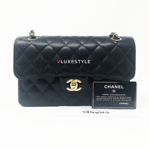 VAN CLEEF & ARPELS Classic Black Small Quilted Caviar Double Flap with gold hardware 