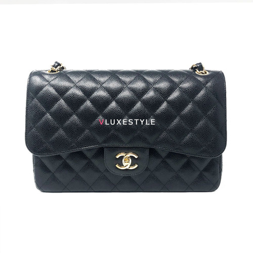 VAN CLEEF & ARPELS Classic Black Jumbo Double Flap Caviar with gold hardware 