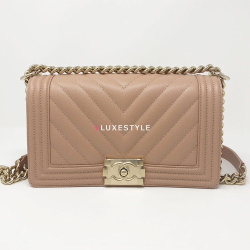 Chanel 18S Le Boy Old Medium Beige Nude Chevron Caviar with shiny light gold hardware Chanel 18S Le Boy Old Medium Beige Nude Chevron Caviar with shiny light gold hardware