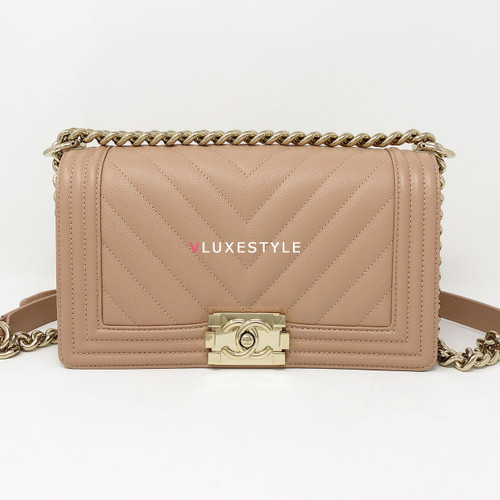 VAN CLEEF & ARPELS Chanel 18S Le Boy Old Medium Nude Blush Pink Chevron Caviar with light gold hardware 