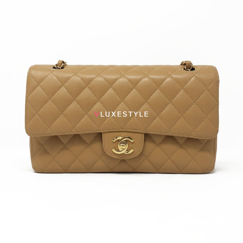 VAN CLEEF & ARPELS Chanel Vintage Classic Medium Double Flap Dark Beige Quilted Caviar with 24K gold plated hardware 