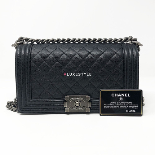 VAN CLEEF 
ARPELS Chanel 2018 Le Boy Old Medium Black Quilted Caviar with ruthenium hardware 