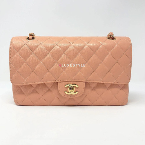 VAN CLEEF 
ARPELS Chanel Vintage Classic Medium Double Flap Salmon Pink Quilted Caviar with 24k gold plated hardware-1653429452 