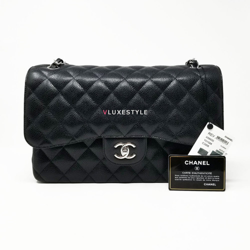 VAN CLEEF & ARPELS Chanel Classic Jumbo Double Flap Black Quilted Caviar with silver hardware 